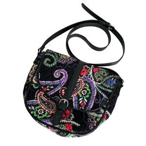 Vera Bradley Slim Saddled Cross Body Bag Black Paisley Print Quilted